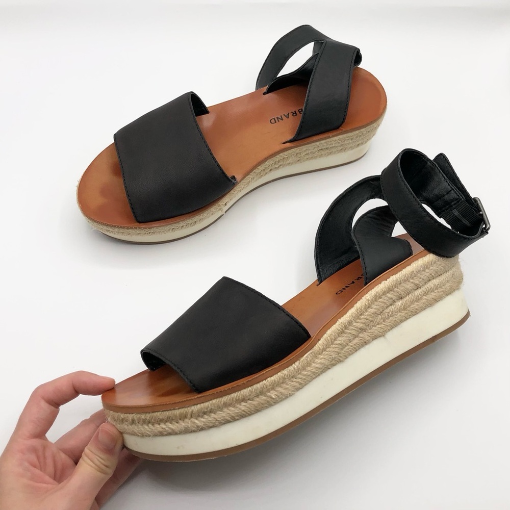 Lucky Brand Black Leather Espadrille Platform Wedge Sandals Women’s Size 8